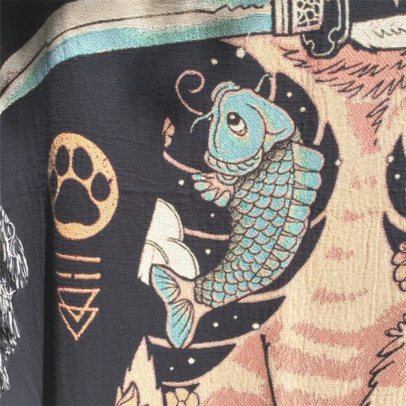 Vincent Trinidad Cat Knife Woven Blanket Tapestry Tattoo Katana Fish Japonism - Picture 5 of 10